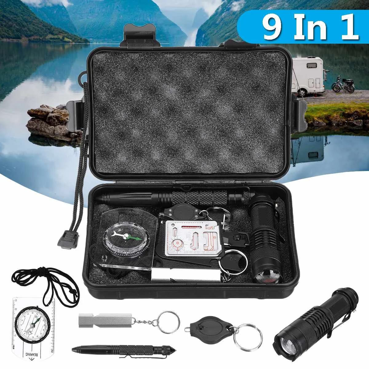9 in 1SOS Emergency Camping Hiking Survival Equipment Kit Outdoor Gear Tactical Tool Plastic + Metal Lightweight Portable Hiking
9 in 1SOS Emergency Camping Hiking Survival Equipment Kit Outdoor Gear Tactical Tool Plastic + Metal Lightweight Portable Hiking