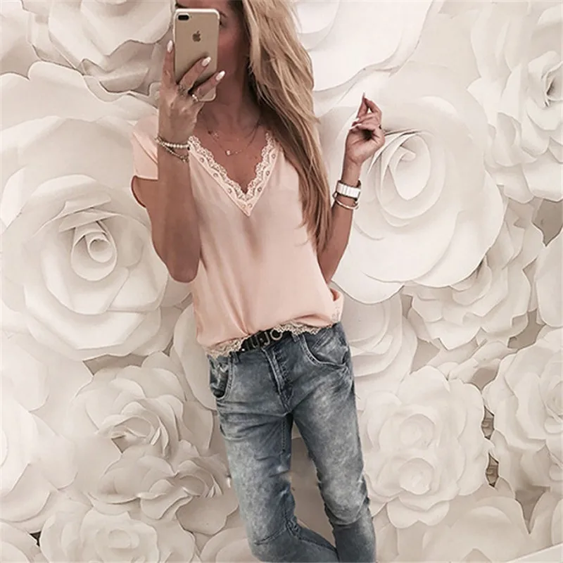 2019 New Lace Patchwork Solid Color V-Neck Short Sleeve T-Shirt Loose Casual Comfortable Breathable T-Shirt S-XL Sizes
2019 New Lace Patchwork Solid Color V-Neck Short Sleeve T-Shirt Loose Casual Comfortable Breathable T-Shirt S-XL Sizes