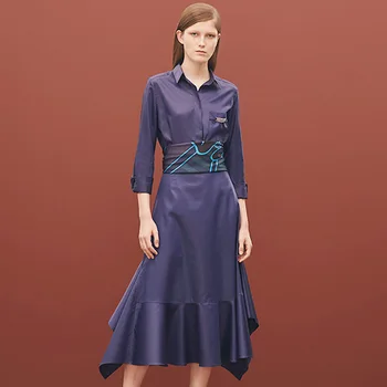2019 spring new fashion lapel long-sleeved shirt with high waist irregular large swing long skirt suit
2019 spring new fashion lapel long-sleeved shirt with high waist irregular large swing long skirt suit