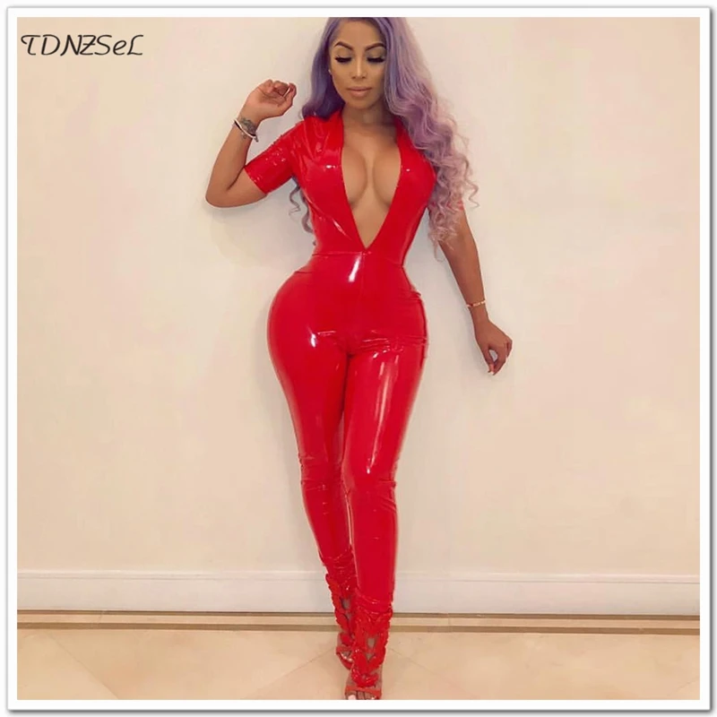 2019 Sexy Deep V PU Faux Leather Tight Jumpsuit Women Short Sleeve Low Cut Bodycon Slim Catsuit PVC Night Club Overalls Bodysuit
2019 Sexy Deep V PU Faux Leather Tight Jumpsuit Women Short Sleeve Low Cut Bodycon Slim Catsuit PVC Night Club Overalls Bodysuit