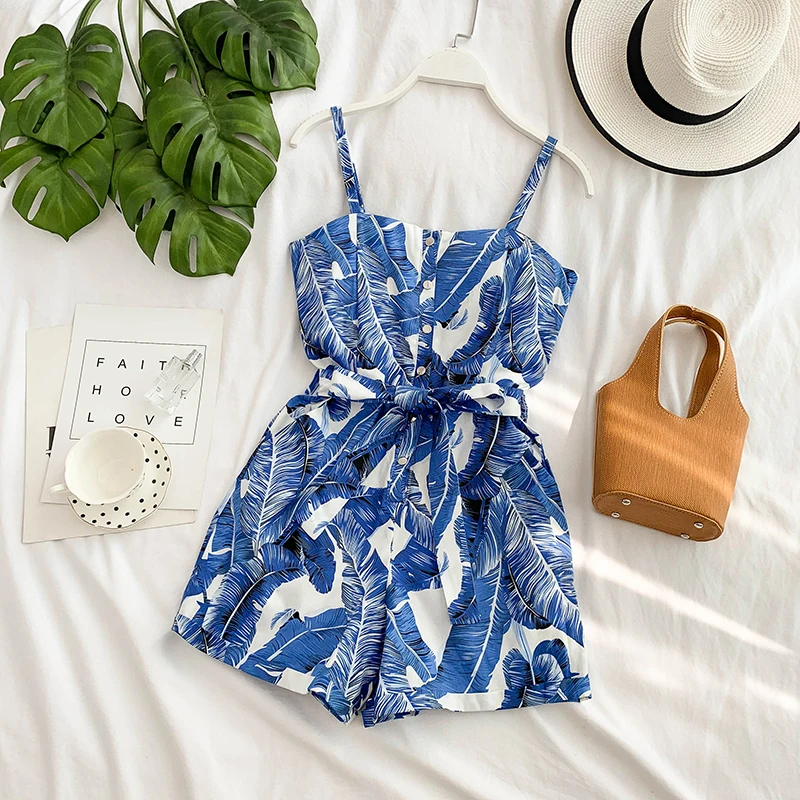 

Random jumpsuits for women 2019 Sleeveless Strappy Short Playsuit Striped Floral Print Cami Belt whole woman summer beach Romper