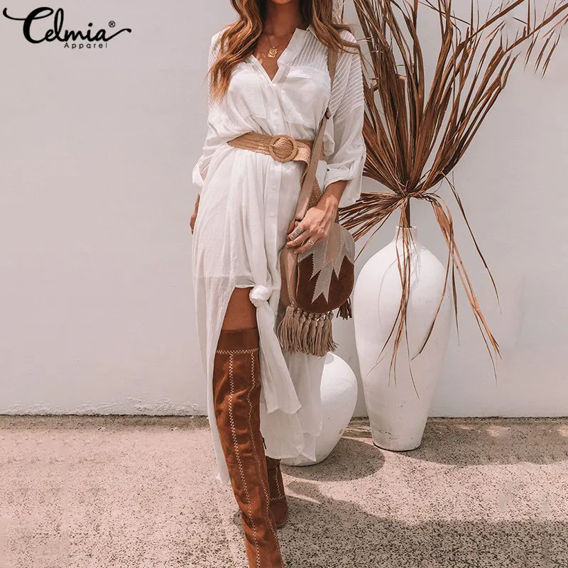 Celmia Women's Sundress 2019 Summer Sexy V Neck Long Shirt Dresses With Belted Casual Loose Buttons Maix Vestidos Plus Size
Celmia Women's Sundress 2019 Summer Sexy V Neck Long Shirt Dresses With Belted Casual Loose Buttons Maix Vestidos Plus Size