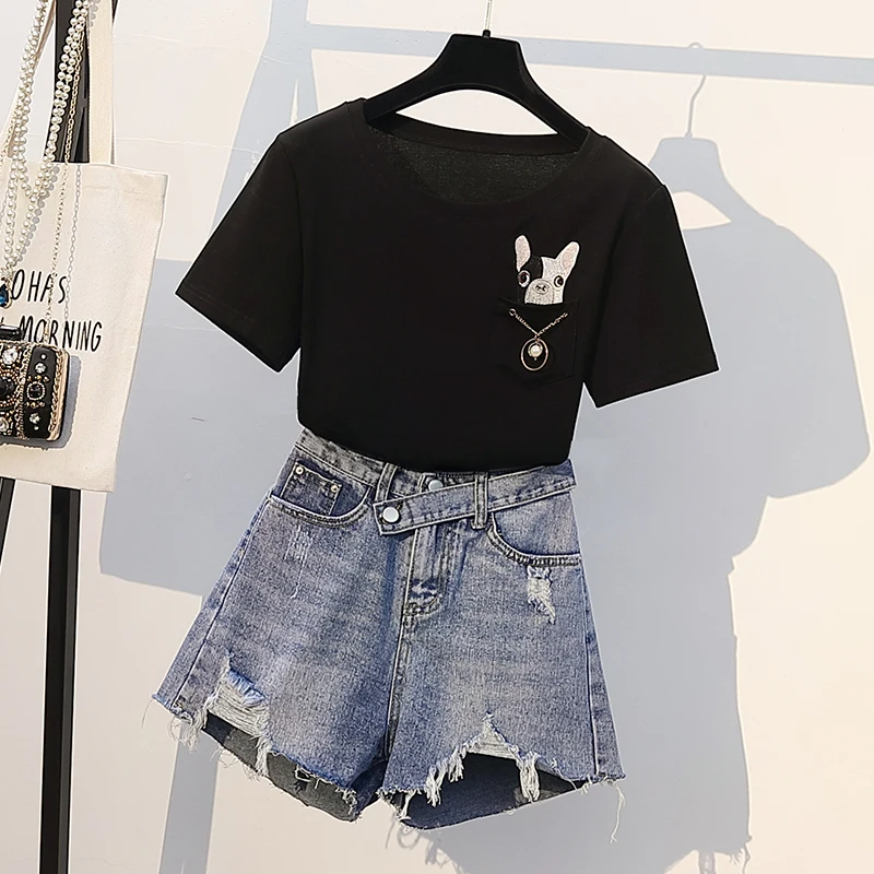 2019 Summer Women Suits Fashion Dog Cartoon Pattern Black Tshirt Top + Ripped Hole Jeans Shorts Clothing Suit Two Piece Sets
2019 Summer Women Suits Fashion Dog Cartoon Pattern Black Tshirt Top + Ripped Hole Jeans Shorts Clothing Suit Two Piece Sets