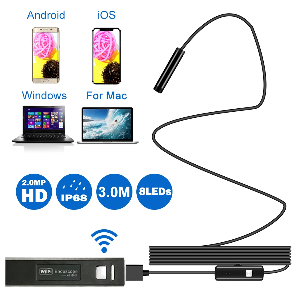 WIFI Endoscope Camera HD 1200P Mini Waterproof Soft Cable Inspection Camera 8mm 1M 6 LED USB Endoscope Borescope Camera
WIFI Endoscope Camera HD 1200P Mini Waterproof Soft Cable Inspection Camera 8mm 1M 6 LED USB Endoscope Borescope Camera