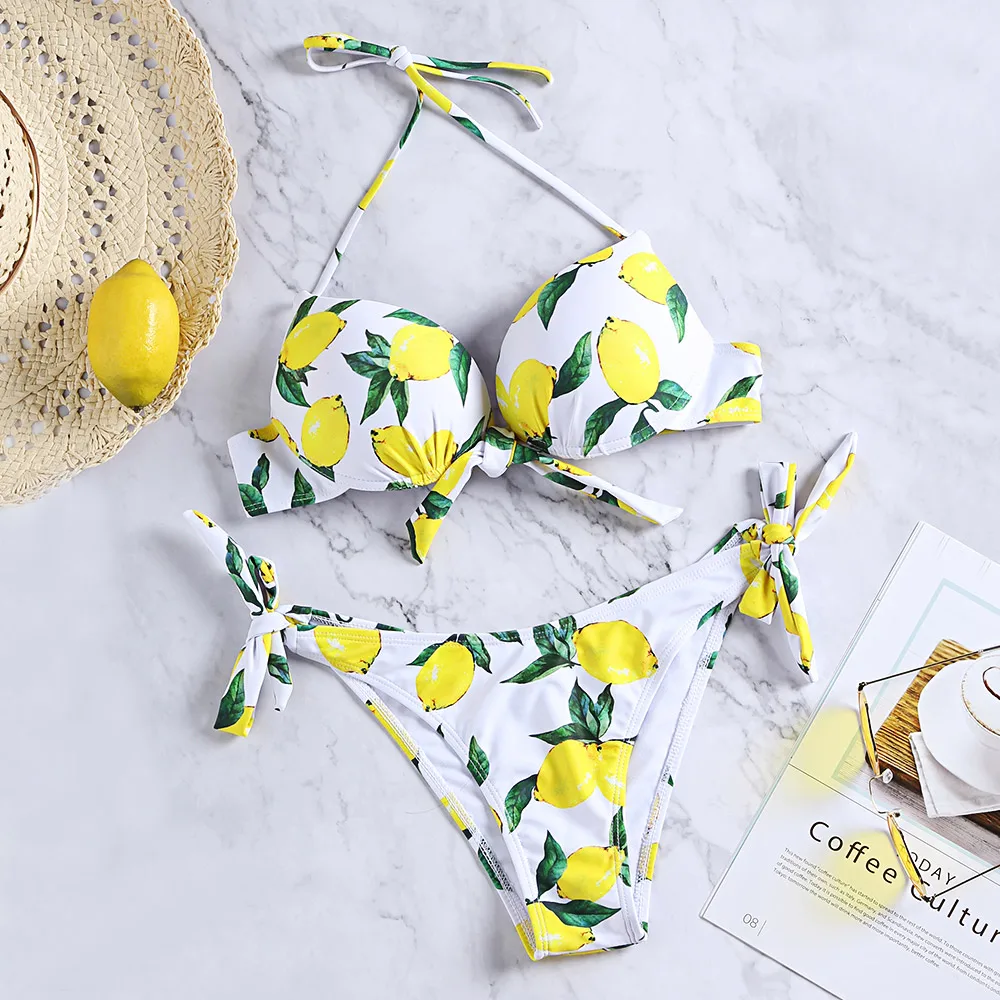 Women Bikini Set Halter Neck Lemon Bikini Set Print Backless Knotted Underwired Padded Swimming Beach Bathing Suit Swimwear
Women Bikini Set Halter Neck Lemon Bikini Set Print Backless Knotted Underwired Padded Swimming Beach Bathing Suit Swimwear