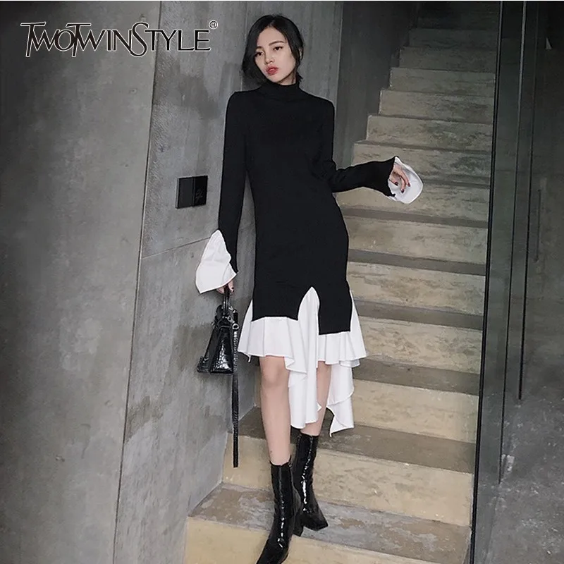 TWOTWINSTYLE Knitting Dress Female Flare Long Sleeve Turtleneck Patchwork Ruffle Hem Irregular Women's Dresses 2019 Autumn New
TWOTWINSTYLE Knitting Dress Female Flare Long Sleeve Turtleneck Patchwork Ruffle Hem Irregular Women's Dresses 2019 Autumn New