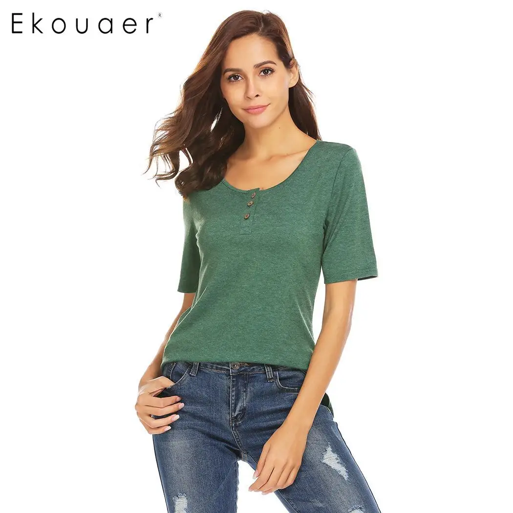 Ekouaer Women Solid T-Shirts O-Neck Short Sleeve Split Hem Casual Button Tops T shirt Female High Quality Soft tshirts
Ekouaer Women Solid T-Shirts O-Neck Short Sleeve Split Hem Casual Button Tops T shirt Female High Quality Soft tshirts