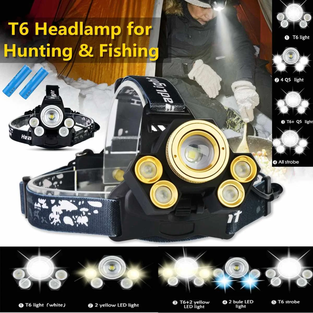 T6+4*Q5 white light 3 light Headlamp power display function for Hunting & Fishing Built-in 2*18650 battery
T6+4*Q5 white light 3 light Headlamp power display function for Hunting & Fishing Built-in 2*18650 battery