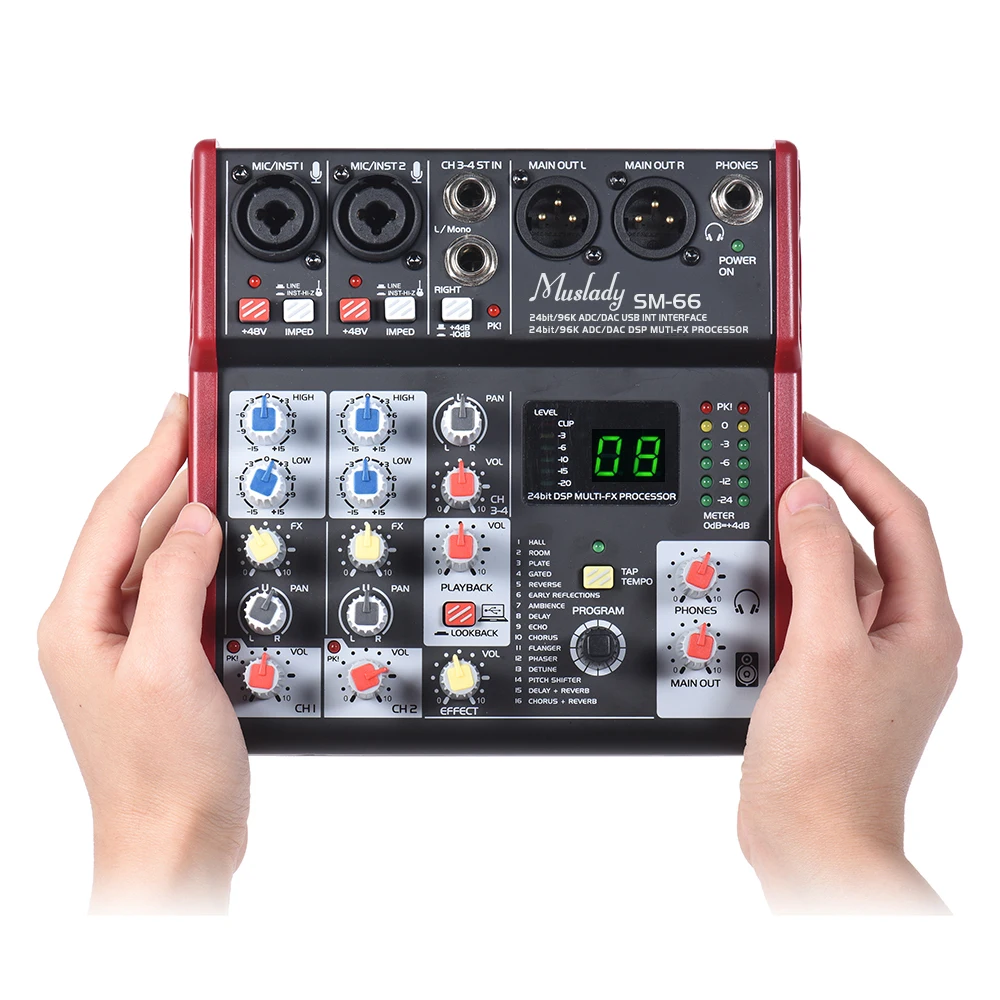 SM-66 4-Channel Mixer Sound Card Audio Mixing Console Built-in 16 Effects with USB Audio Interface Supports 5V Power Bank for DJ
SM-66 4-Channel Mixer Sound Card Audio Mixing Console Built-in 16 Effects with USB Audio Interface Supports 5V Power Bank for DJ