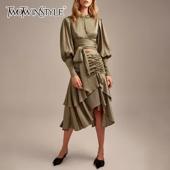 TWOTWINSTYLE Women's Suits Lantern Sleeve Lace Up Short Tops High Waist Asymmetrical Midi Ruffle Skirt Two Piece Set Autumn 2020
TWOTWINSTYLE Women's Suits Lantern Sleeve Lace Up Short Tops High Waist Asymmetrical Midi Ruffle Skirt Two Piece Set Autumn 2020