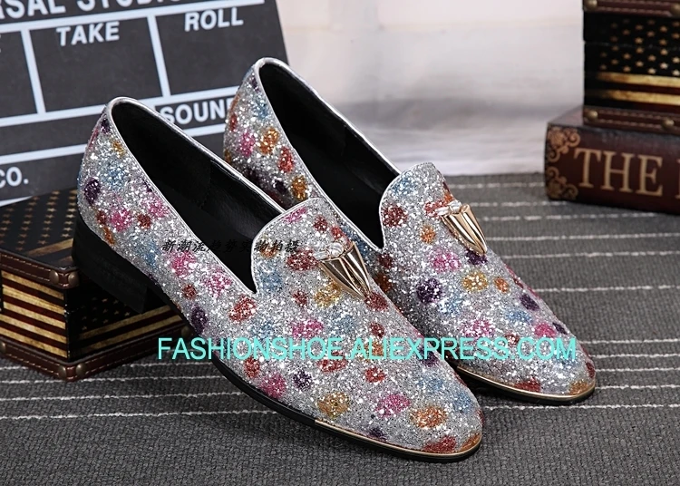 

Shinny Glitter Rhinestone Men's Wedding Shoes Slip on Loafers Roud toe Genuine leather Cow Formal Casual Shoe Size euro 38-46