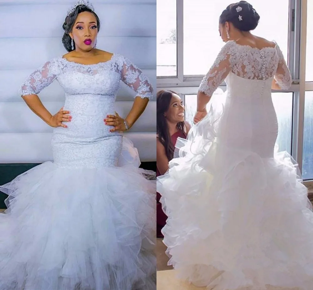 Robe De Mariage Lace Wedding Dresses For Women 2019 Half sleeve Plus Size Tiered Cascading Ruffles Mermaid Dress Bridal Gowns
Robe De Mariage Lace Wedding Dresses For Women 2019 Half sleeve Plus Size Tiered Cascading Ruffles Mermaid Dress Bridal Gowns