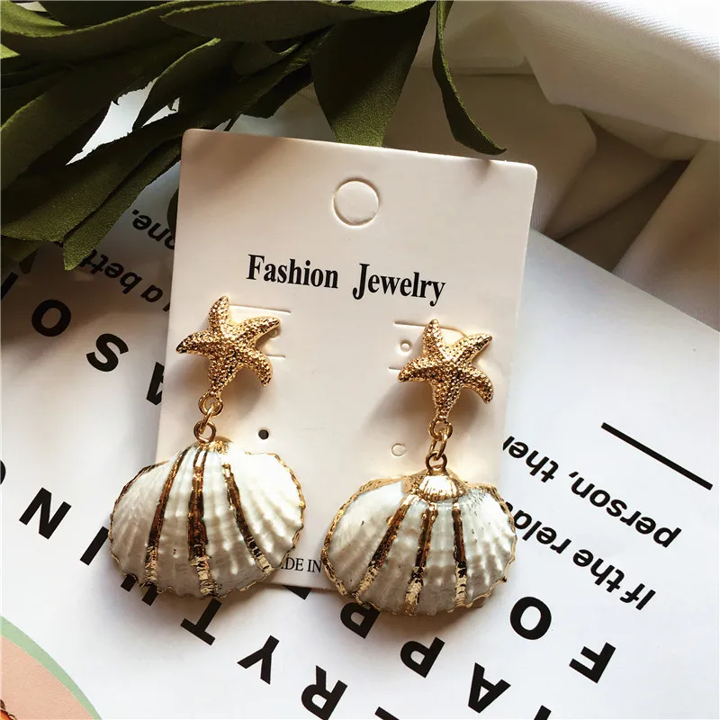 

Fashion Gold Color Starfish Cowrie Shell Earring Women Geometric Fan Shaped White Shell Drop Earring Bohemia Vacation Jewelry