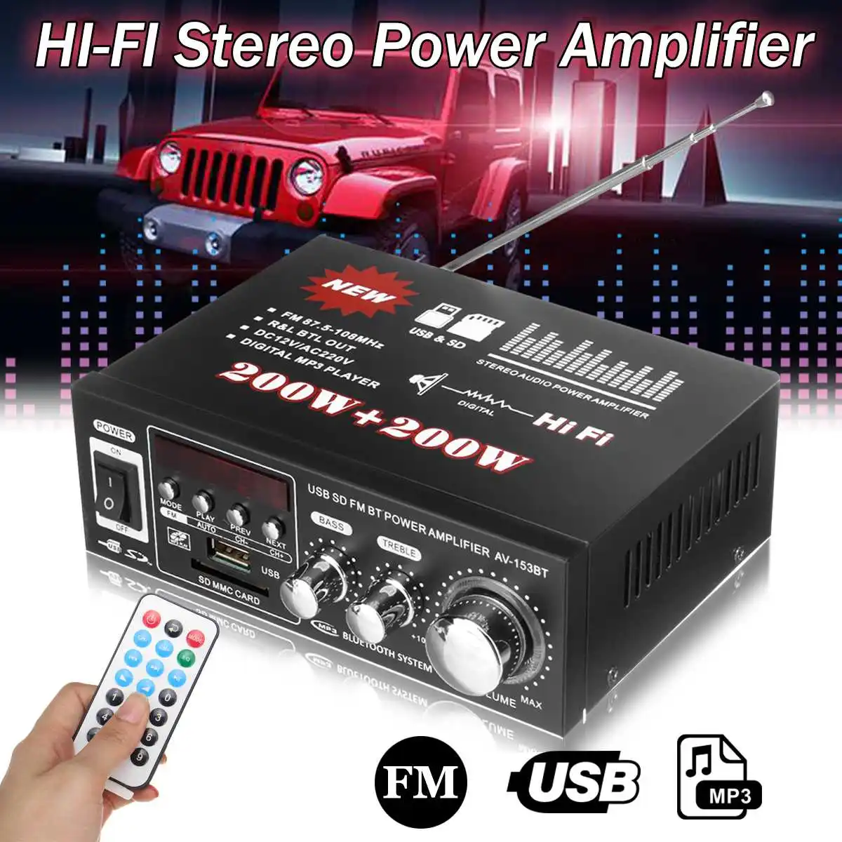 400W 220V 12V Automotive Multifunction bluetooth HiFi Stereo Power Amplifier USB SD Digital Player Car Amplifier+Remote control
400W 220V 12V Automotive Multifunction bluetooth HiFi Stereo Power Amplifier USB SD Digital Player Car Amplifier+Remote control