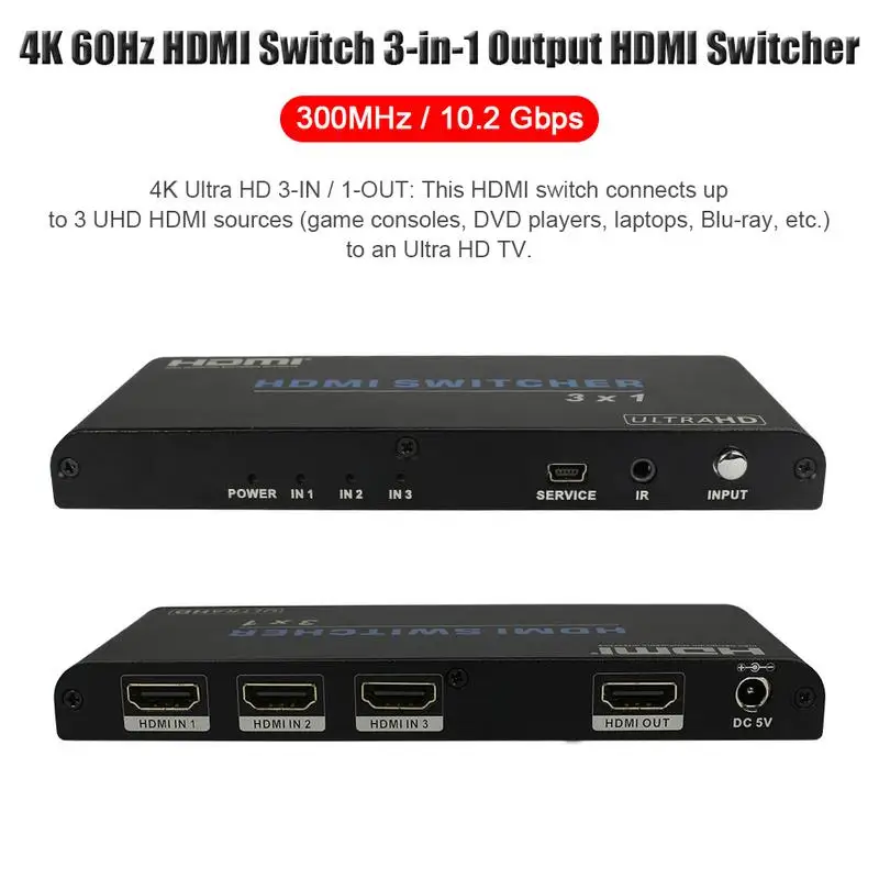 

4K 60Hz HDMI Switch 3-in-1 Output HDMI Switcher Support Infrared Remote Control HDMI2.0 HDCP 2.2 UHD HDR Full HD 3D