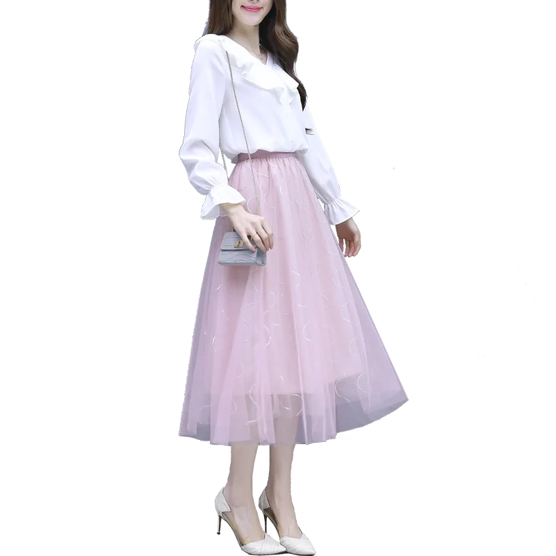 2019 Spring New Woman Fairy Two-Piece Sweet French Fashion Suits White Chiffon Shirt V Neck Blouse Top Long Net Skirt S-XXL |