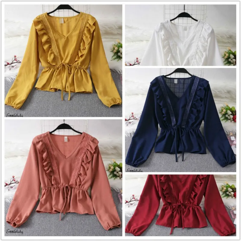 New Women V-Neck Ladies Ruffle Elegant Soft Solid Tie Chiffon Summer Spring Casual Loose Blouse Women Clothing Shirt
New Women V-Neck Ladies Ruffle Elegant Soft Solid Tie Chiffon Summer Spring Casual Loose Blouse Women Clothing Shirt