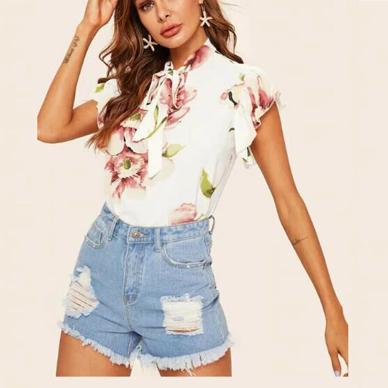 Women Summer Short Sleeve Floral Print Chiffon Blouse Office Ladies Chic Ruffled Belt Collar Shirts Tops 2019
Women Summer Short Sleeve Floral Print Chiffon Blouse Office Ladies Chic Ruffled Belt Collar Shirts Tops 2019