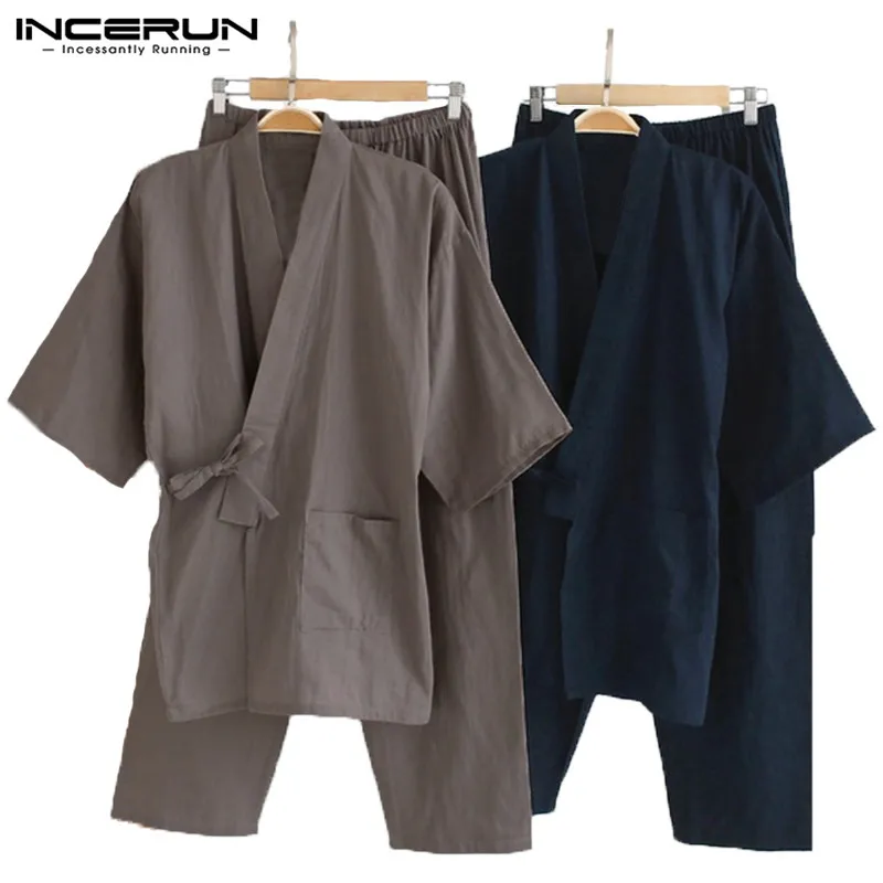 

Men Kimono Pajamas Japanese Style Homewear Tops Pants Set Cotton Solid Robe Vintage Loose Casual Comfy Men Sleepwear Suits L-5XL