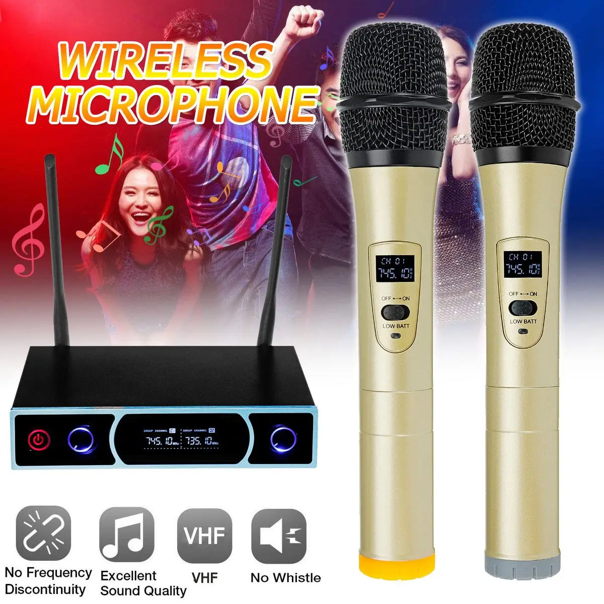 Studio Dual VHF Wireless Microphone Wireless Microphone System Family Video 2 x Cordless Microphones + Receiver for Karaoke KTV
Studio Dual VHF Wireless Microphone Wireless Microphone System Family Video 2 x Cordless Microphones + Receiver for Karaoke KTV