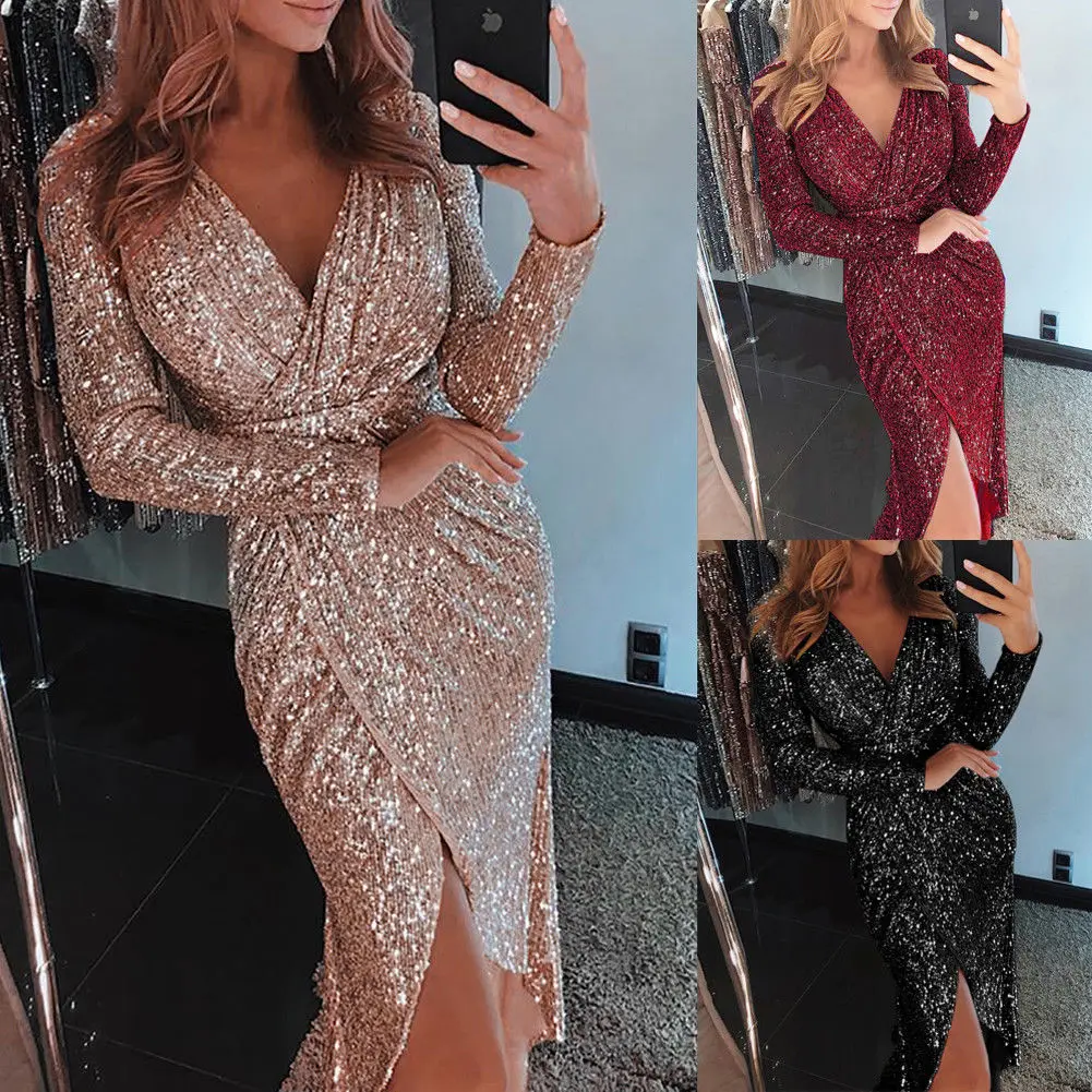 Women's Long Sleeve Sexy V Neck Sequined Dress Evening Split Wrap Deep V neck Dress Women Clothes Vestido
Women's Long Sleeve Sexy V Neck Sequined Dress Evening Split Wrap Deep V neck Dress Women Clothes Vestido