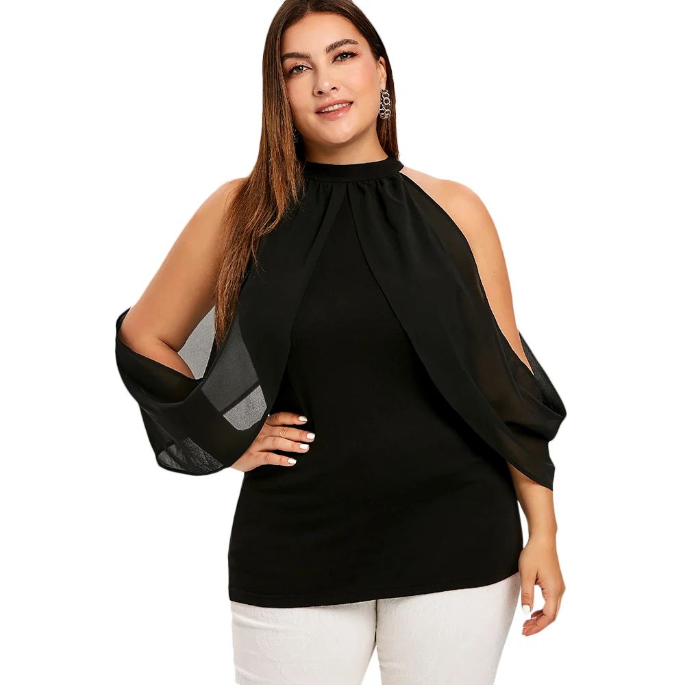 

Wipalo Plus Size Keyhole Cold Shoulder Overlap Top Women Blouse Fashion Casual Black Three Quarter Blouses Ladies Tops Clothing