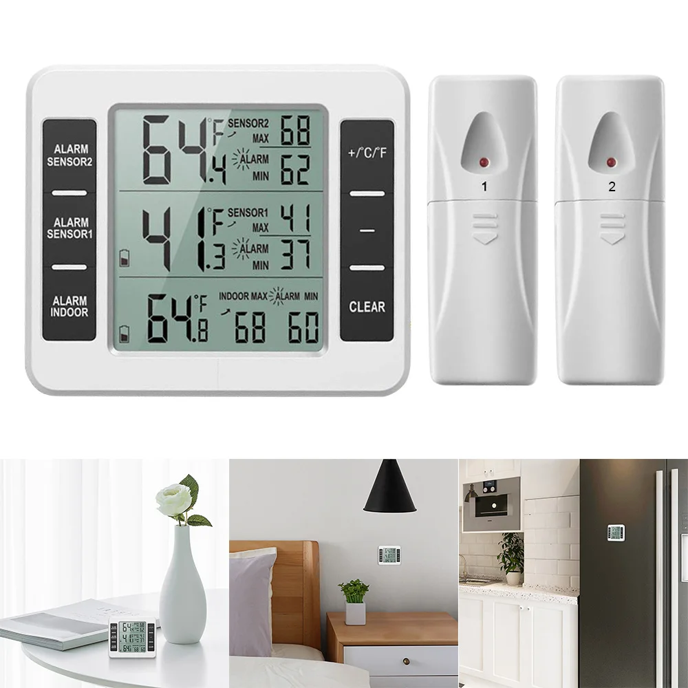 Wireless Digital Audible Alarm Refrigerator Thermometer with 2PCS Sensor Min/Max Display Indoor Outdoor Thermometer
Wireless Digital Audible Alarm Refrigerator Thermometer with 2PCS Sensor Min/Max Display Indoor Outdoor Thermometer