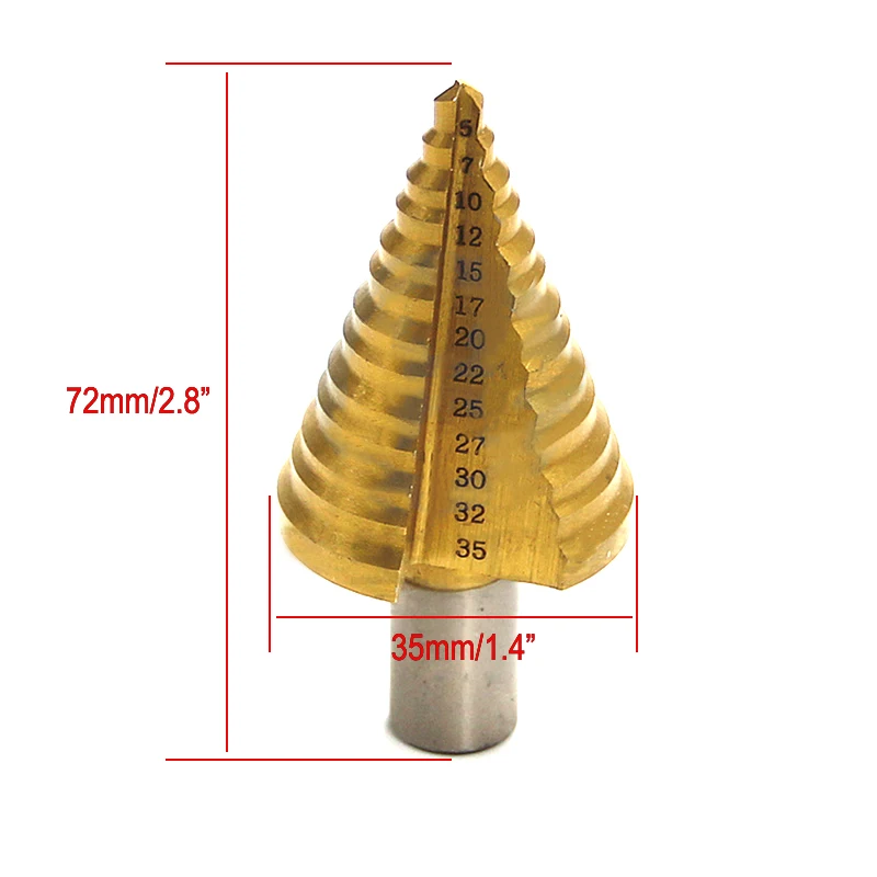 5-35mm 13Step Spiral Groove Conical Cone Drill HSS Bit Set Hole Cutter Tool Gold
5-35mm 13Step Spiral Groove Conical Cone Drill HSS Bit Set Hole Cutter Tool Gold