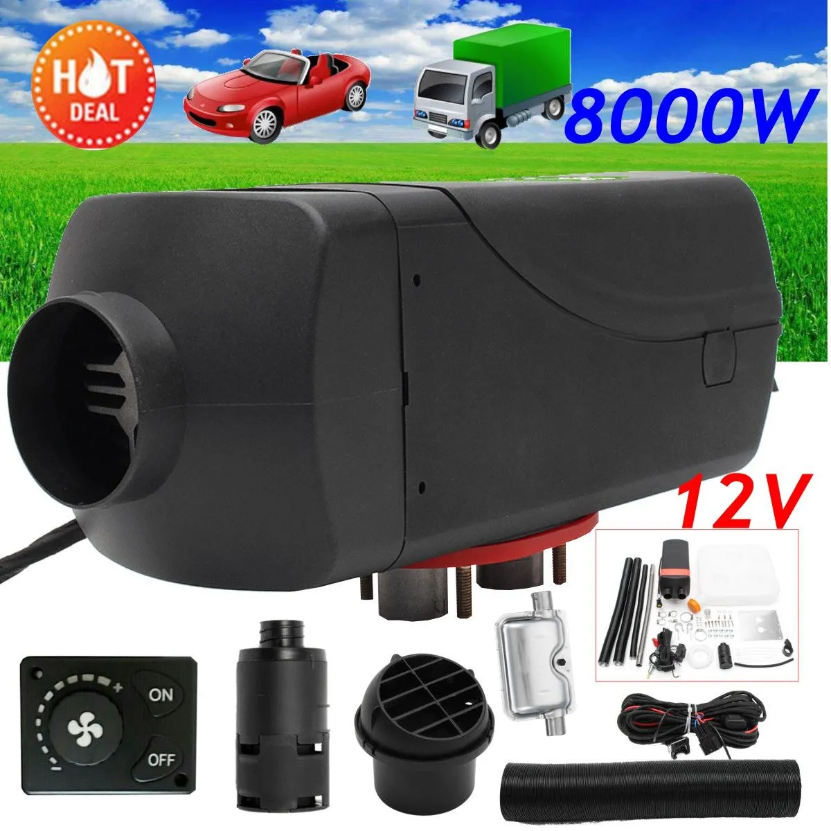 

8KW 12V Air Diesel Heater 2 Holes Knob Switch Car Bus Trucks Motor-Homes Boats 8000W Car Heater With Silencer
