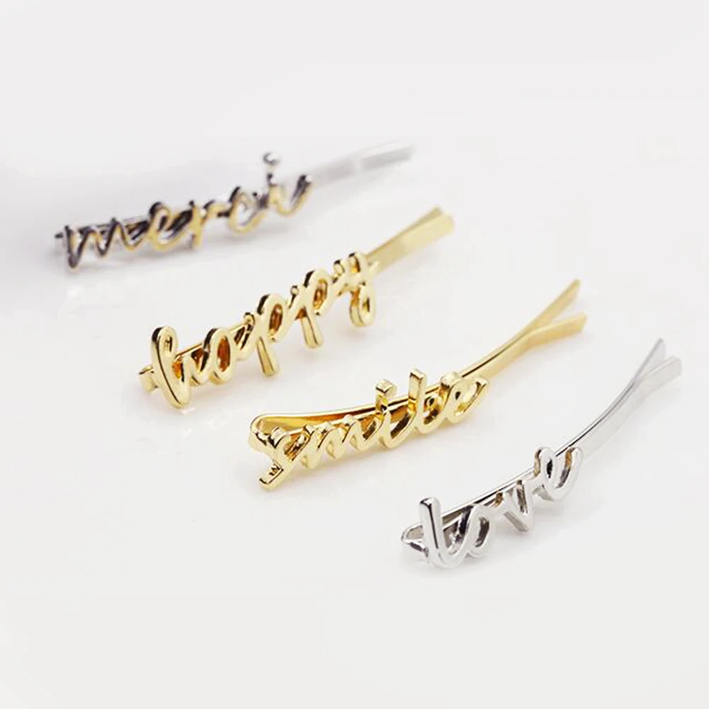 4 Words "Smile Happy Merci Love" Golden Silver Hair Clips Metal Hairpins Barrettes Hairgrips for Women Headwear Hair Accessories
4 Words "Smile Happy Merci Love" Golden Silver Hair Clips Metal Hairpins Barrettes Hairgrips for Women Headwear Hair Accessories