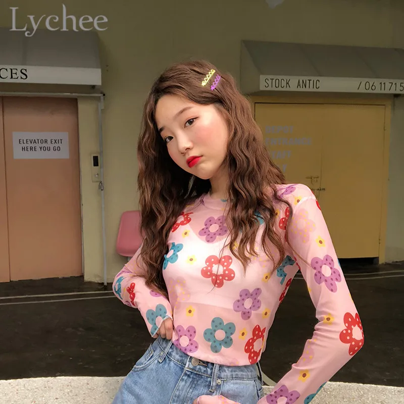 Lychee Harajuku Mesh Floral Print Female T Shirt Top Tees Perspective O-Neck Long Sleeve Slim Summer Spring Women T-shirts
Lychee Harajuku Mesh Floral Print Female T Shirt Top Tees Perspective O-Neck Long Sleeve Slim Summer Spring Women T-shirts