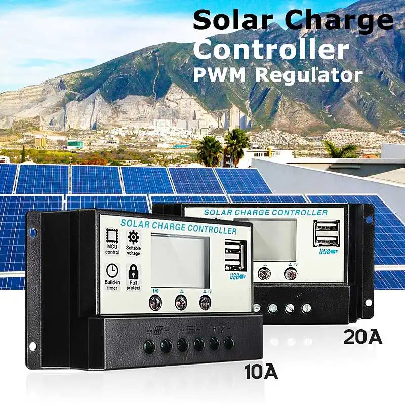 10A 20A PWM 12V 24V Solar Controller LCD Function Dual USB 5VDC Output Solar cells Panel Battery Charge Regulator
10A 20A PWM 12V 24V Solar Controller LCD Function Dual USB 5VDC Output Solar cells Panel Battery Charge Regulator