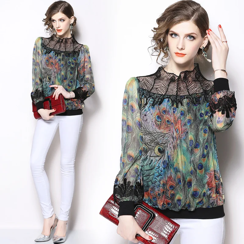 New Fashion Women Long Sleeve Stand Beading Transparent Neck Lace Pathwork Peacock Print Silk Blouse Chiffon Shirts Women Tops
New Fashion Women Long Sleeve Stand Beading Transparent Neck Lace Pathwork Peacock Print Silk Blouse Chiffon Shirts Women Tops