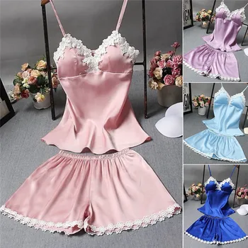 Soft Summer Pajamas Set Women Plain Lace Sexy Pajamas Silk Top Shorts 2 Pieces 2019 Ladies Sleepwear Deep V Sling Sleepwear Set
Soft Summer Pajamas Set Women Plain Lace Sexy Pajamas Silk Top Shorts 2 Pieces 2019 Ladies Sleepwear Deep V Sling Sleepwear Set