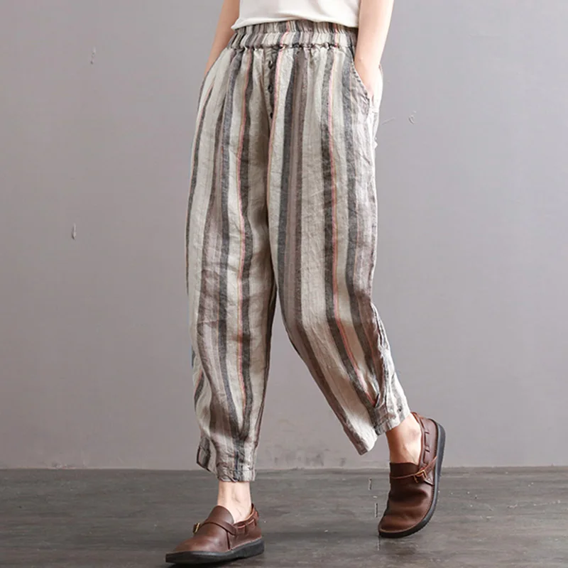 Фото Elegant Women Cotton Striped Pantalon Casual Harem Pants Female Elastic Waist Baggy Trousers Plus Size Femme Pantalons Palazzo | Брюки