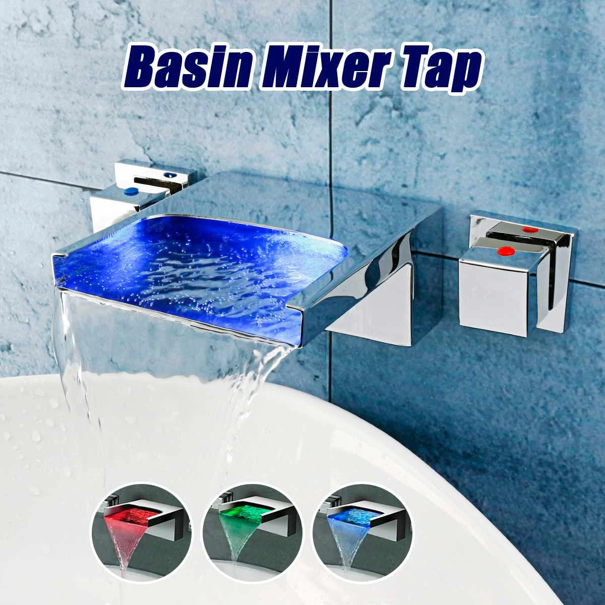 

Xueqin LED Color Changing Waterfall Dual Handles Basin Faucet Bathroom Tub Mixer Hot And Cold Shower Water Tap Wall Mounted