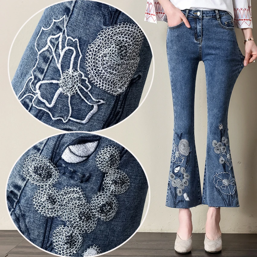 New Fashion Clothes Women Denim Pants Ankle-Length Flare Jeans Pants Vintage Flowers Embroidery High Waist Ladies Trousers 
New Fashion Clothes Women Denim Pants Ankle-Length Flare Jeans Pants Vintage Flowers Embroidery High Waist Ladies Trousers