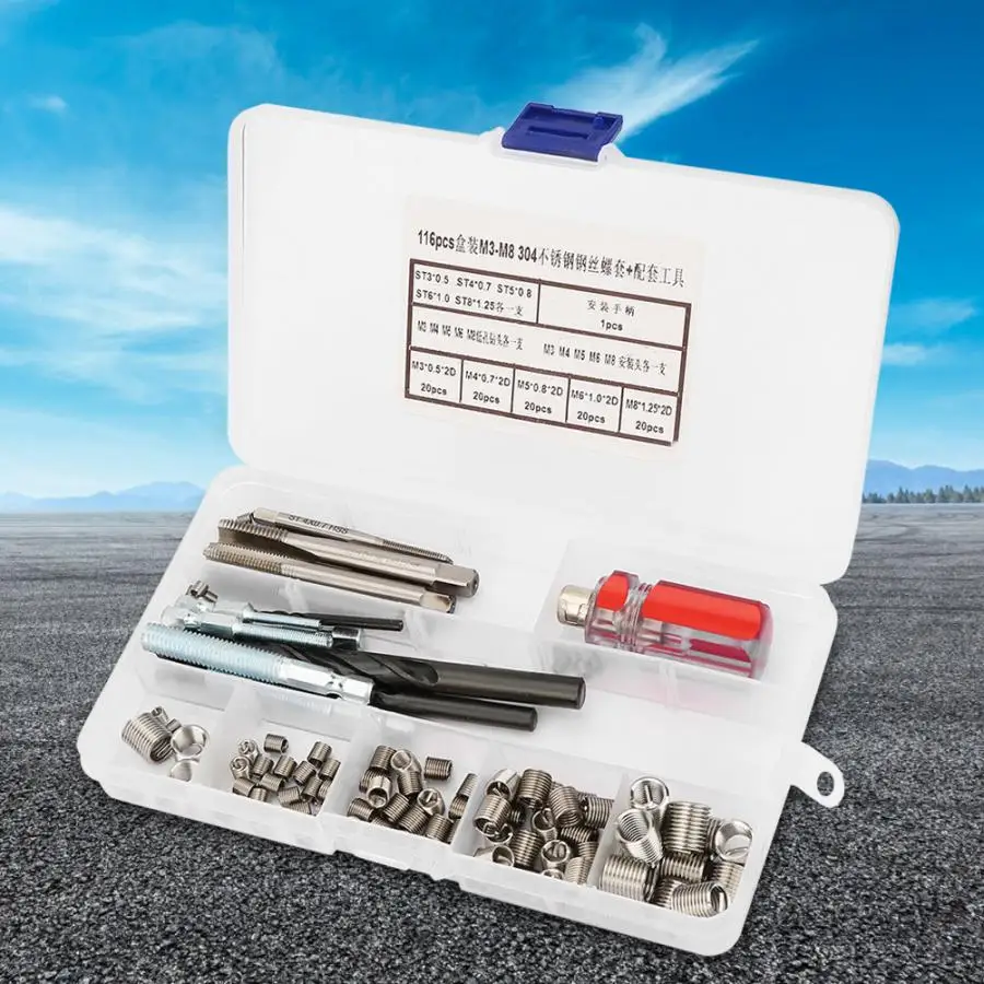 116Pcs/set Thread Insert Set Silver M3/4/5/6/8 Thread Repair Insert Kit Stainless Steel For Hardware Repair Tools
116Pcs/set Thread Insert Set Silver M3/4/5/6/8 Thread Repair Insert Kit Stainless Steel For Hardware Repair Tools