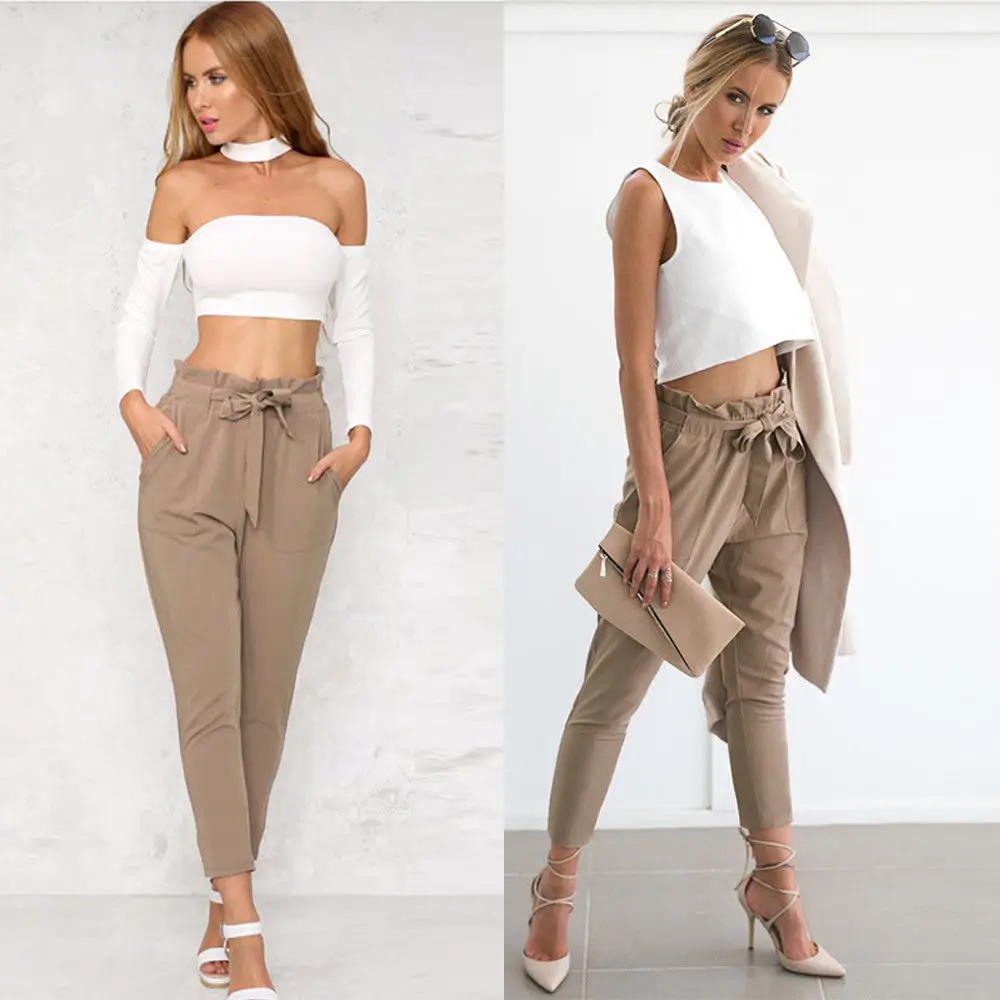 Fashion Womens High Elastic Waist Bow Casual Trendy Pencil Pants Black Burgundy Khaki Pink Army Green Slim Ankle Length Pants
Fashion Womens High Elastic Waist Bow Casual Trendy Pencil Pants Black Burgundy Khaki Pink Army Green Slim Ankle Length Pants