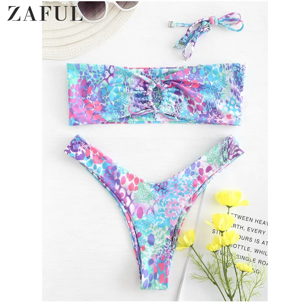 

ZAFUL Women Bikini Set High Leg Colored Cinched Bikini Lady Sexy Bikini Swimwear Summer Beach Swimsuit Bathing Suit