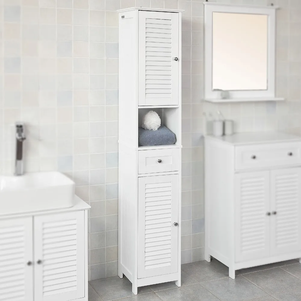 

SoBuy FRG236-W, White Wood Free Standing Tall Bathroom Floor Cabinet Storage Unit with 2 Shutter Doors and 1 Drawer