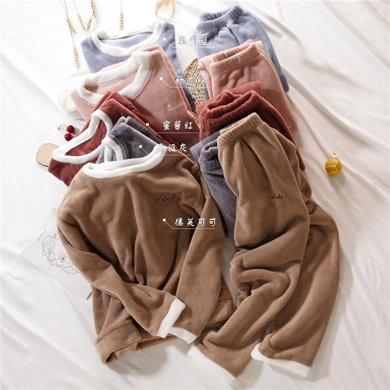 Thick Warm Flannel Pajamas Sets Winter Women Two Piece Pajama Set Solid Female Sleepwear Home Clothing Women's Suit |