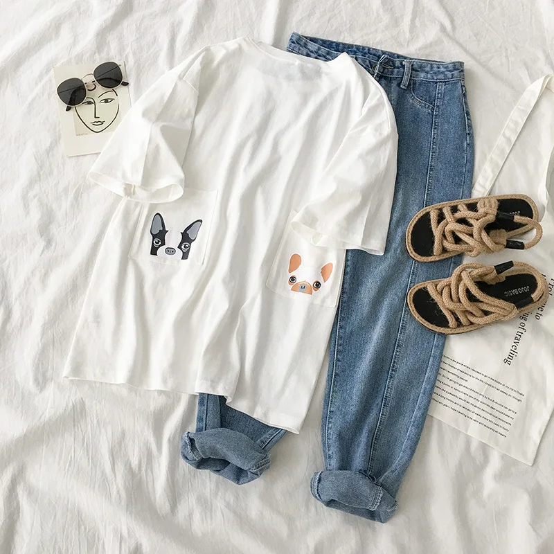 Lovely Oversize T-shirt Set Women Two Pieces Set Summer White Dog Pattern Pullover + Denim Pant Set Long Pants Summer Set
Lovely Oversize T-shirt Set Women Two Pieces Set Summer White Dog Pattern Pullover + Denim Pant Set Long Pants Summer Set