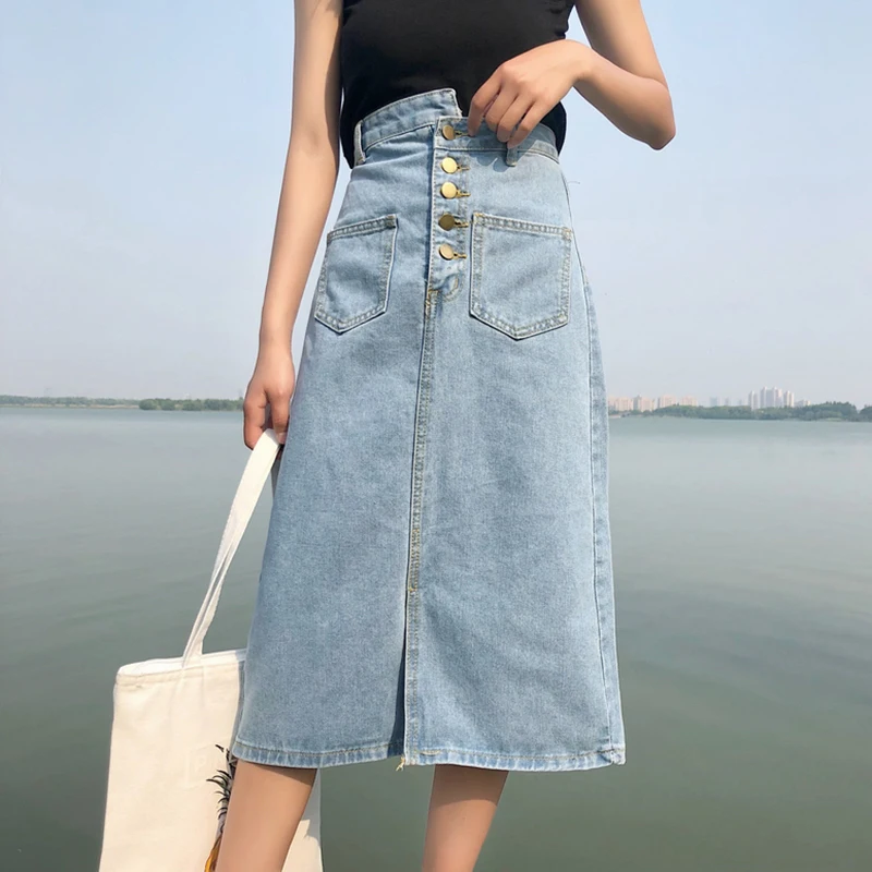 Women Summer Cotton Denim Jean Blue Button Pockets Split Skirt Femme Solid Color Knee-length High Waist Hip Package A-line Skirt
Women Summer Cotton Denim Jean Blue Button Pockets Split Skirt Femme Solid Color Knee-length High Waist Hip Package A-line Skirt