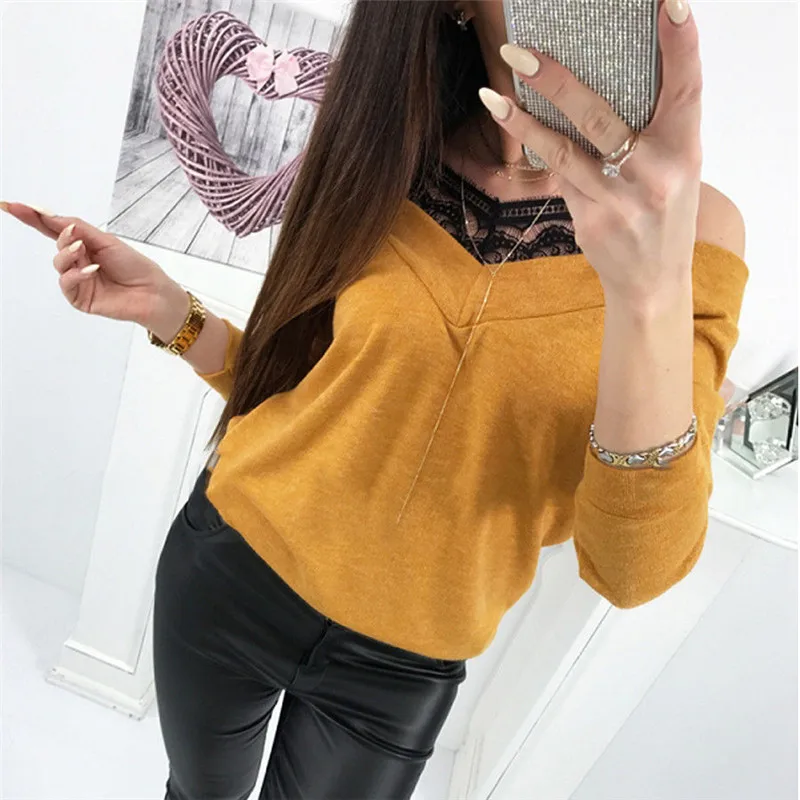 Fashion Casual Loose Solid Women Lace Cold Shoulder Tops Long Sleeve V-Neck Ladies T Shirt Pullover Autumn Clothes
Fashion Casual Loose Solid Women Lace Cold Shoulder Tops Long Sleeve V-Neck Ladies T Shirt Pullover Autumn Clothes