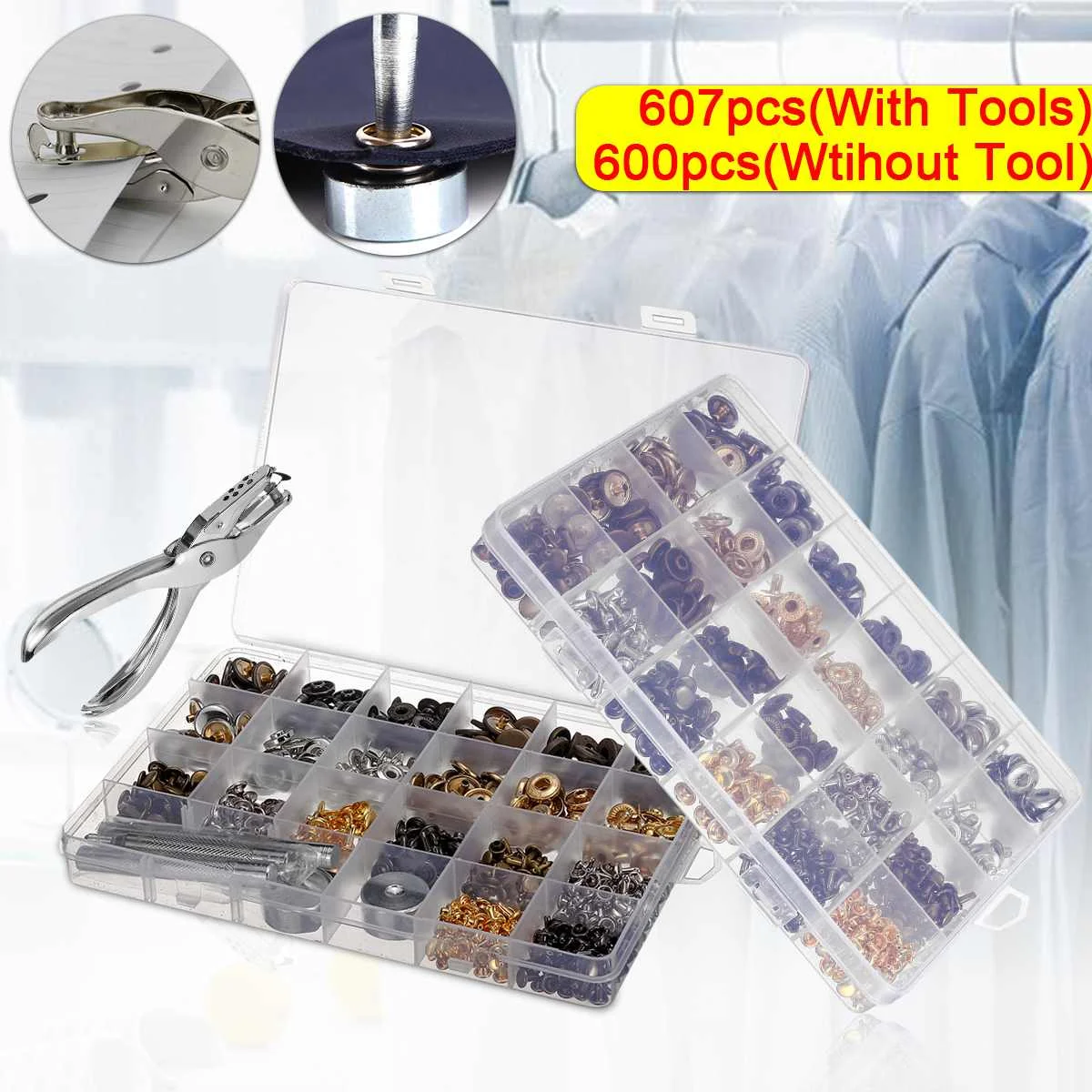 607Pcs Sewing Leather Snap Fasteners Press Buttons Hole Punch Piler Fixing Tool Metal Spikes Rivets For Craft Repairs Decor
607Pcs Sewing Leather Snap Fasteners Press Buttons Hole Punch Piler Fixing Tool Metal Spikes Rivets For Craft Repairs Decor