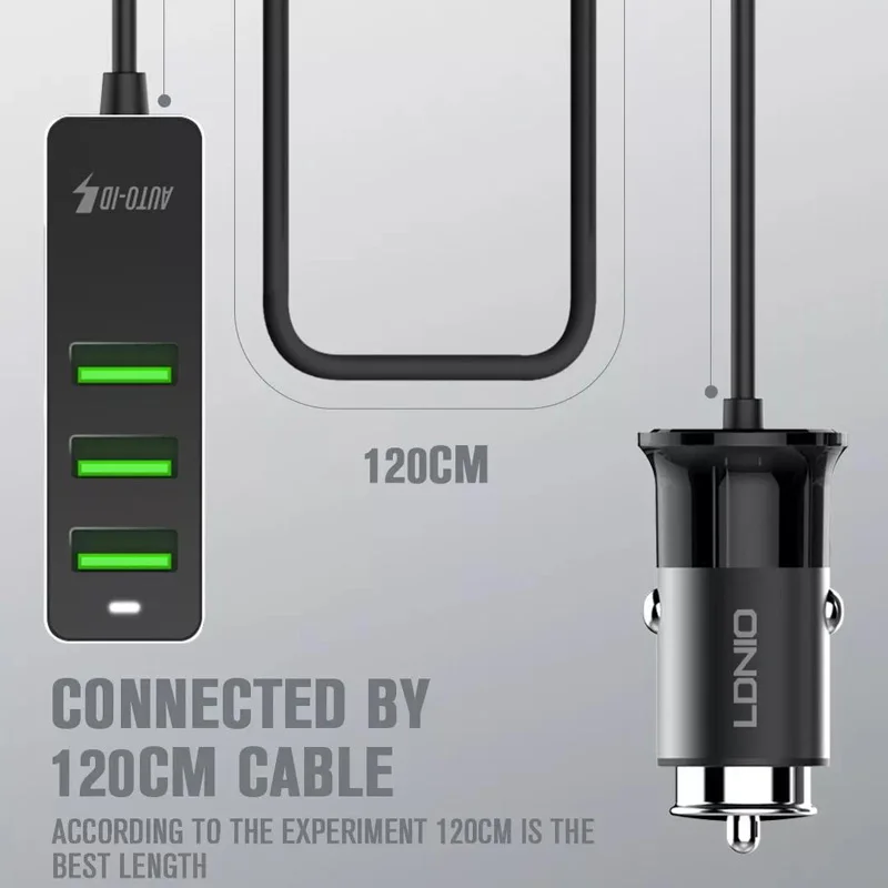 LDNIO 4 Ports FAST QC3.0+2.4A+3.1A USB Car Charger Universal USB Fast Adapter with 120CM Extension Cord Cable for MPV Car Phone
LDNIO 4 Ports FAST QC3.0+2.4A+3.1A USB Car Charger Universal USB Fast Adapter with 120CM Extension Cord Cable for MPV Car Phone