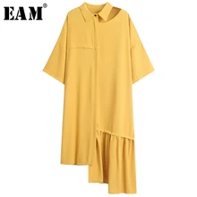[EAM] 2021 Новое весенне летнее платье рубашка с отворотом и коротким