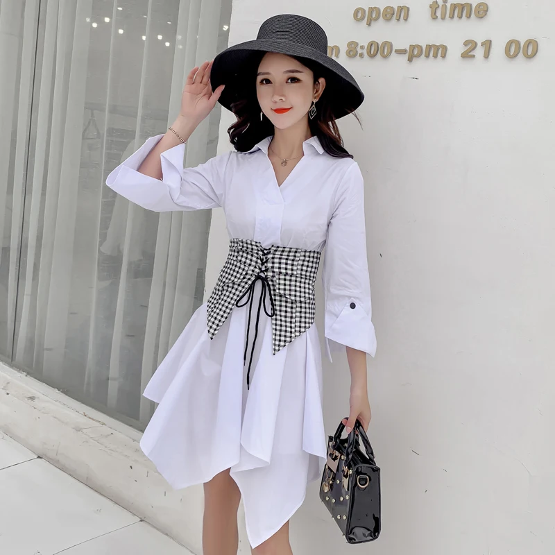 

Solid White Shirt Dress Women V-neck High Waist Cuff Sleeve Plaid Bandage Belted Dresses Tide Irregular Hem 2019 New Korean Robe