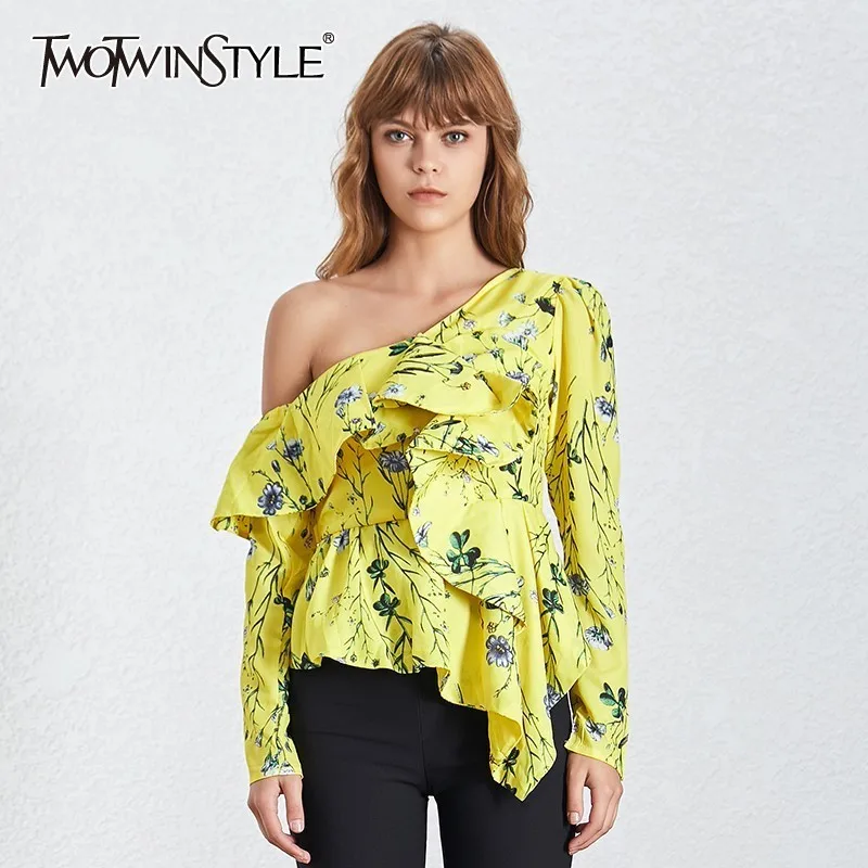 TWOTWINSTYLE Casual Print Off Shoulder Women Blouse Long Sleeve Irregular Ruffles Bandage Slim Shirt Female Summer 2019 Fashion
TWOTWINSTYLE Casual Print Off Shoulder Women Blouse Long Sleeve Irregular Ruffles Bandage Slim Shirt Female Summer 2019 Fashion
